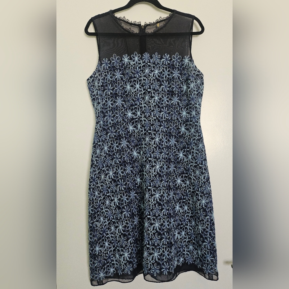 Elie Tahari Ophelia Sleeveless Blue Floral Embroidered A-Line Dress Sz 12 - Picture 2 of 13